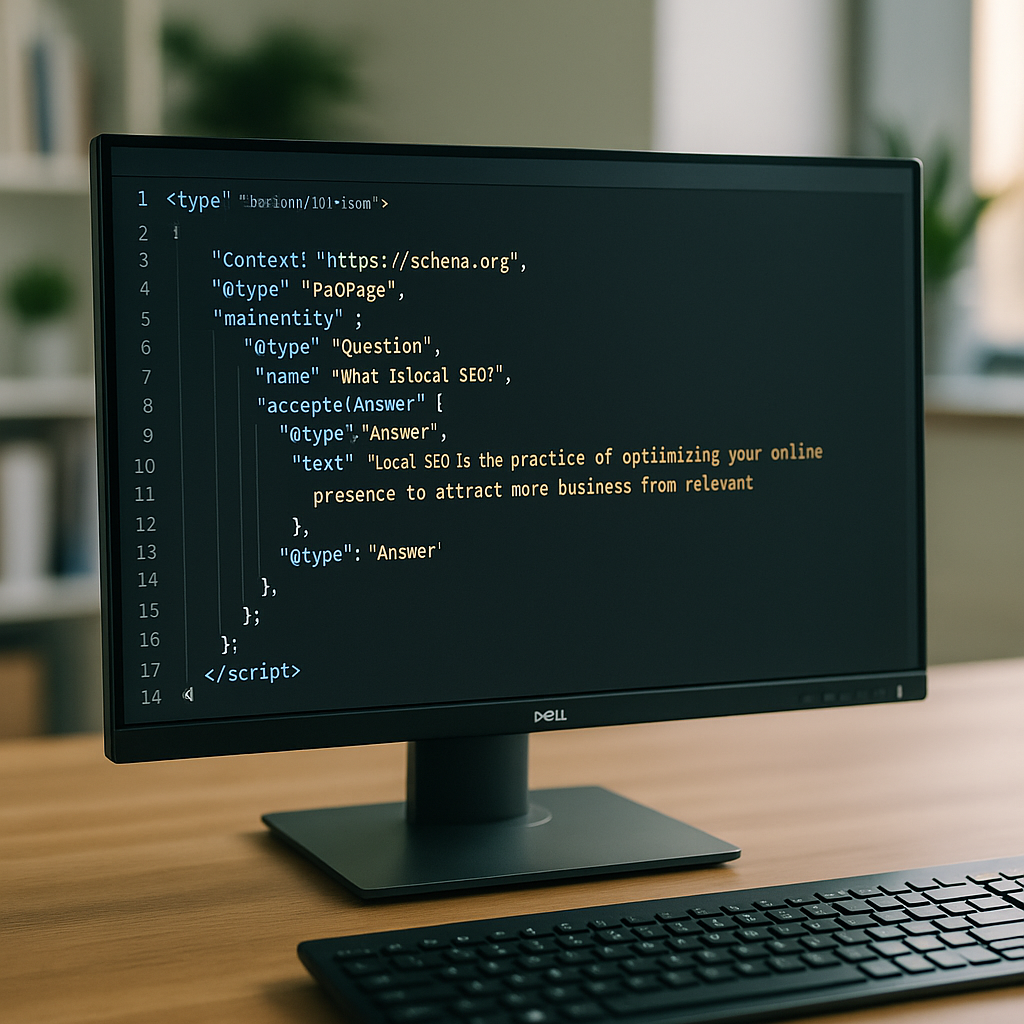 Screenshot of a code editor highlighting JSON-LD schema for an FAQPage.