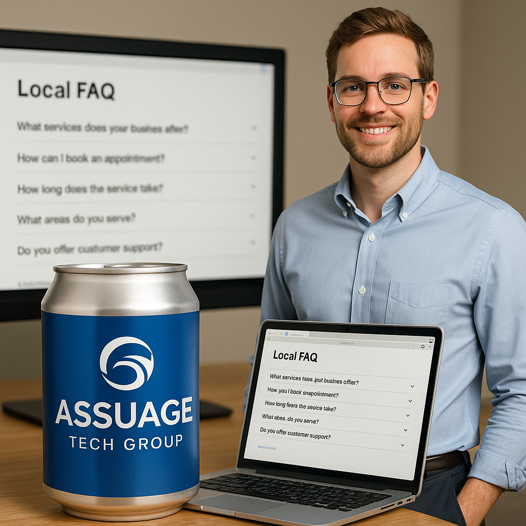 A branded Assuage Tech Group soda can next to a screenshot of a local FAQ list on a webpage.