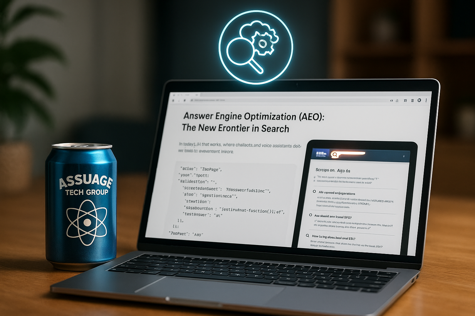 “Photorealistic image of a sleek laptop on a wooden desk showing an article titled ‘Answer Engine Optimization (AEO): The New Frontier in Search,’ with a blue Assuage Tech Group soda can to the left of the laptop and a glowing neon search-and-gear icon floating above the screen.”