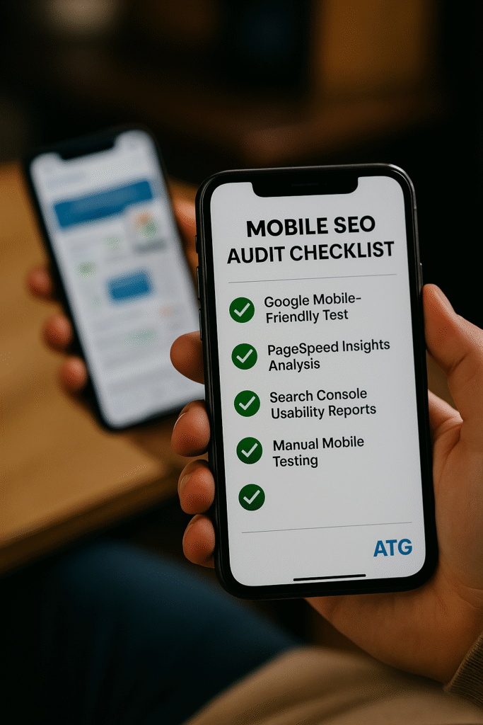 A hand holding a smartphone displaying a Mobile SEO Audit Checklist with checkmarks for items like Google Mobile-Friendly Test, PageSpeed Insights, and manual mobile testing. Another blurred phone is seen in the background.