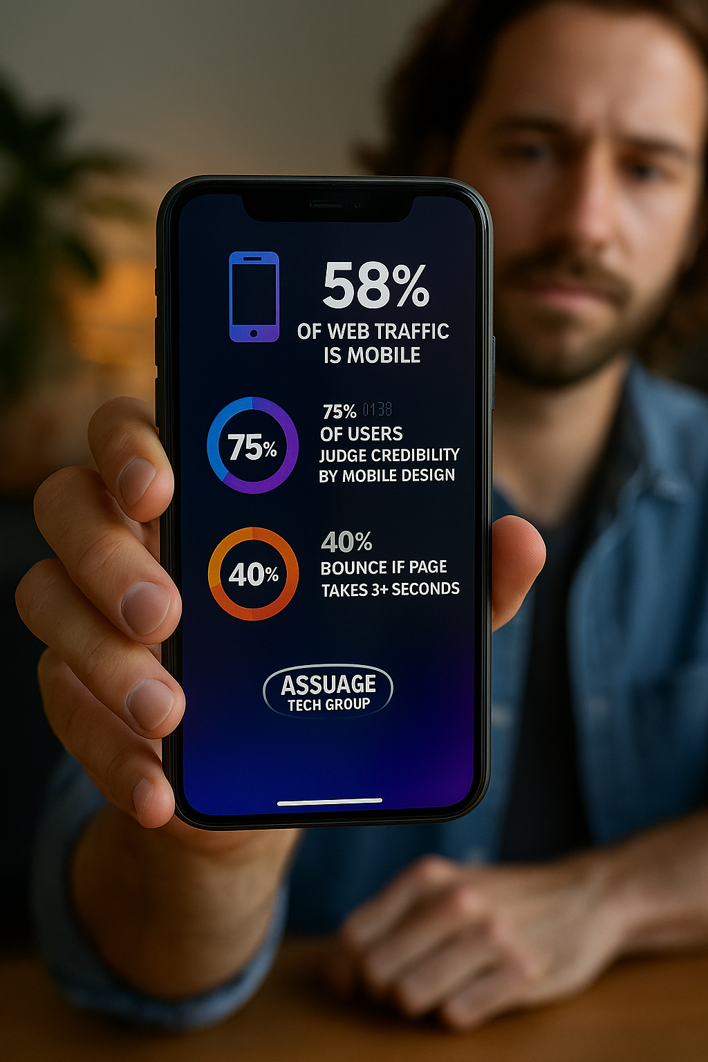 A close-up of a smartphone held by a man showing mobile SEO statistics, including “58% of web traffic is mobile,” “75% judge credibility by mobile design,” and “40% bounce rate if the page takes over 3 seconds,” with the Assuage Tech Group logo at the bottom.
