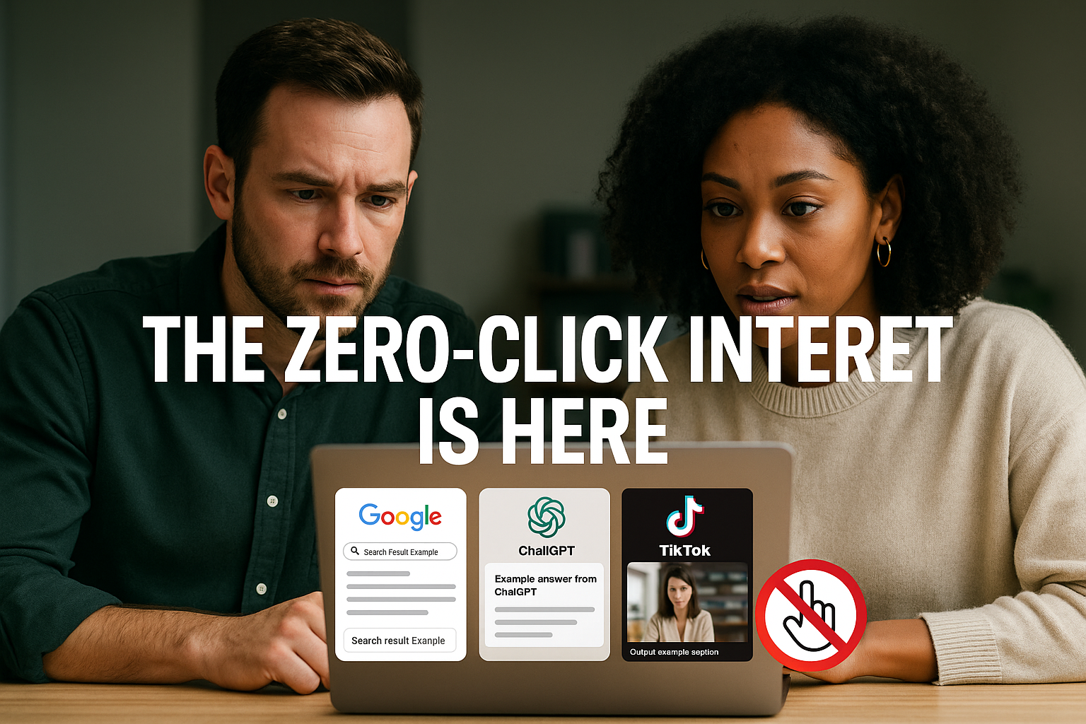Male and female content creators working at a desk, reviewing AI-generated search results and summaries on a laptop with a headline that reads 'The Zero-Click Internet Is Here