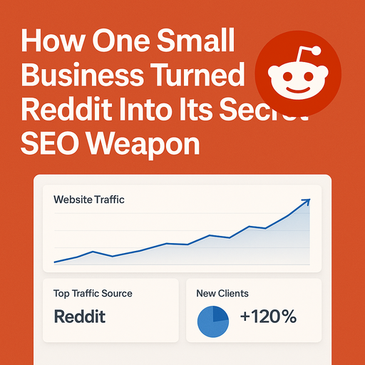 Feature image for article on how a small business used Reddit SEO to grow website traffic and leads, with headline text, Reddit logo, and growth chart.